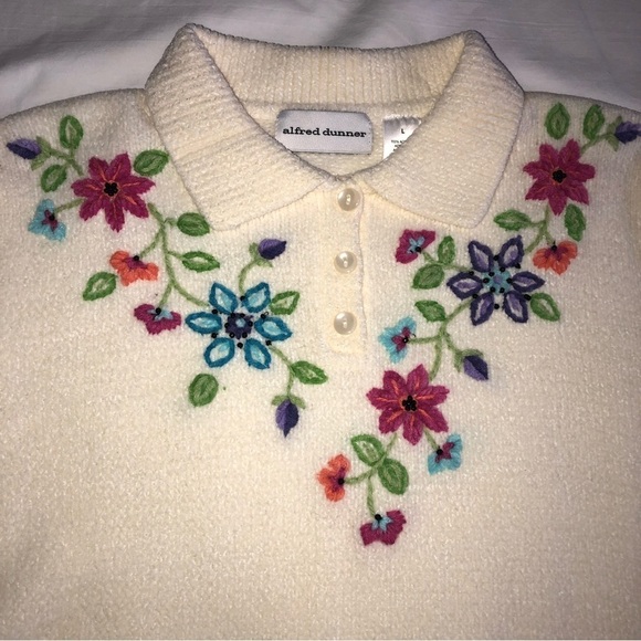 Chenille Knit Floral Embroidered Granny Sweater Ivory Cream Large Off White - Picture 4 of 10